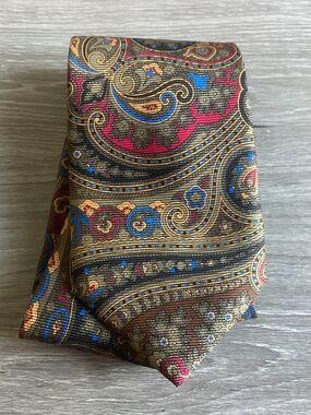 Vtg Allen Edmonds Ascot Paisley Silk Tie Brown Blue Gold 100% Silk Germany Hand